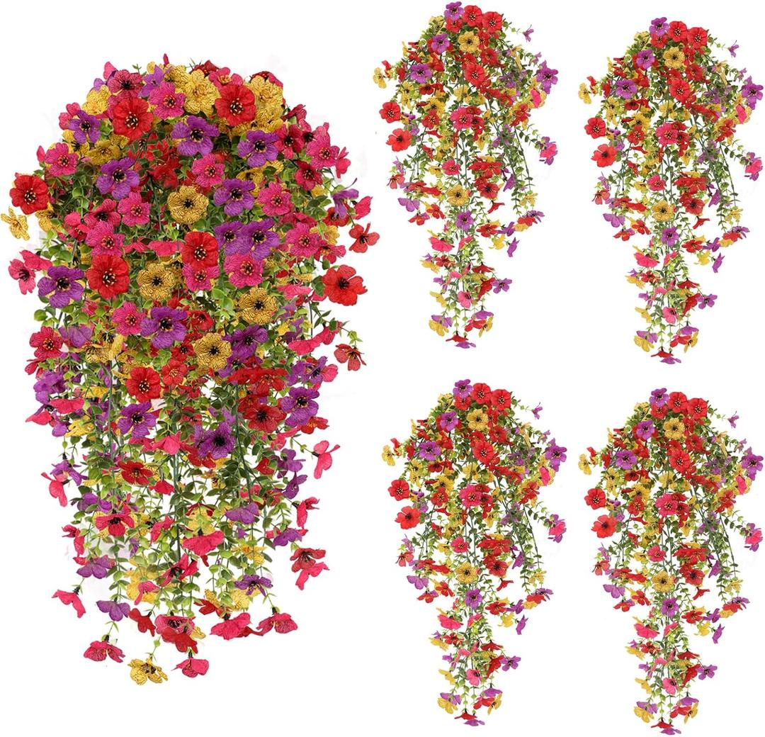 4PCS Artificial Hanging Flowers for Outdoors Summer Decoration, Upgrade UV Resistant Faux Silk Hanging Plants for Outside Home Planter Porch Patio Decor (Multicolour)