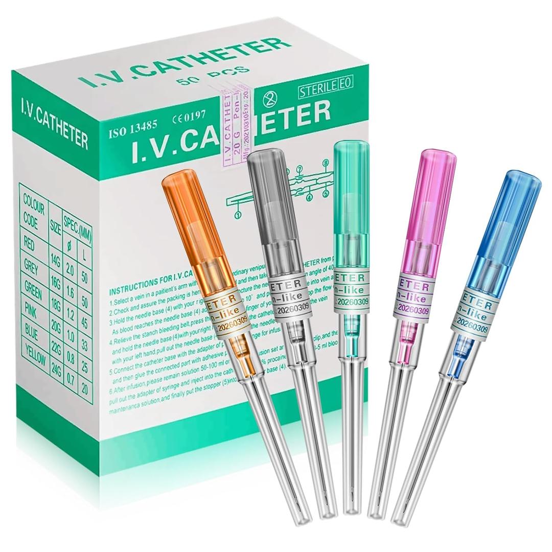 Professional Piercing Catheter Needles Kit 50PCS - 5 Sizes in 1 Box (14G/16G/18G/20G/22G) | Medical-Grade Sterilized Needles for Ear, Nose, Belly, Navel | Disposable & Pain-Free Design