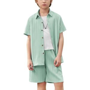 Arshiner Boy's Textured Button Up Shirt and Shorts Set 2 Piece Summer Beach Outfit for 5~12 Years Kids (7-8 Years, Light Green)