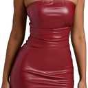 Women Faux Leather Dress Sexy Ruched Mini Dress Strapless Pleather Bodycon Strenchy Dress Club Party Night Out (Red, L)