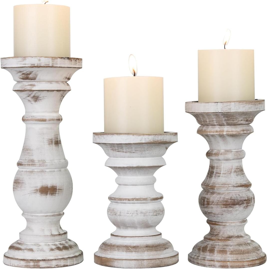 Candle Holder for Pillar Candle Set of 3, Farmhouse Wood Candle Holder, Rustic Wooden Candle Stand, Decorative Wood Candlestick Holders for Living Room, Table Centerpiece (Antique White) (Washedwhite)