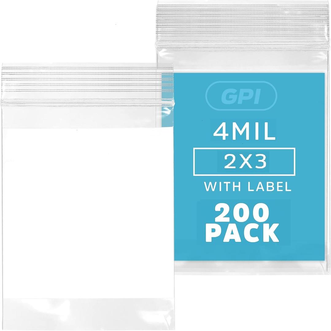 GPI - 2" x 3" - Bulk Pack of 200, 4 Mil Thick, Heavy Duty, Clear Plastic Reclosable Zip Bags, With Write-on White Block for Labeling, Strong & Durable Poly Baggies With Resealable Zipper Top Lock.