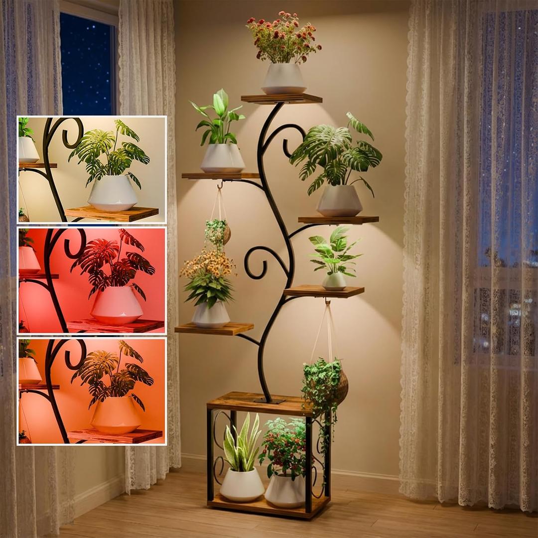 64" Plant Stand Indoor with Grow Lights, Tall Plant Shelf for Indoor Plants, 7 Tiered Plant Rack with Larger Flower Holder, 3 Light Modes, Corner Plant Stand with Adjustable Brightness & Timer