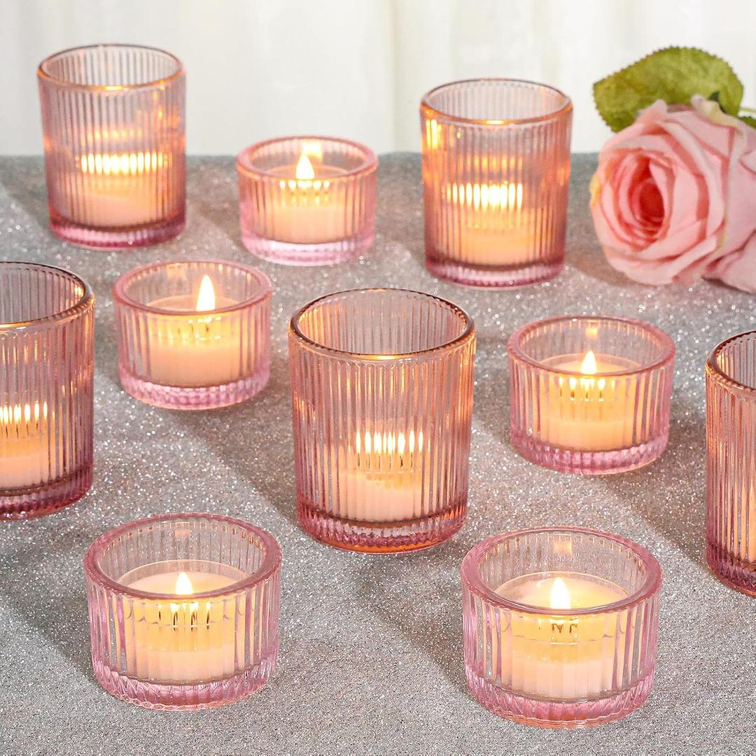 24 Pcs Glass Votive Candle Holders Assorted Ribbed Pink Tea Light Holders Bulk for Weddings, Baby Showers, Parties, Home Dcor, and Table Centerpieces, Pink