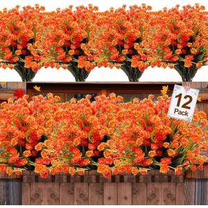 12 Bundles Artificial Fall Flowers for Outdoors Fall Thanksgiving Decorations, UV Resistant Fake Mums Realistic Fake Fall Plants Faux Plastic Flowers for Outdoor Home Gardens Porch Fall Decor(Orange)