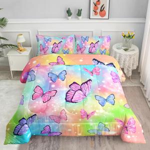 Rainbow Bedding Set with 1 Comforter and 2 Pillowcases for Boys and Girls Bedroom - Watercolor Butterfly Full