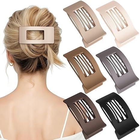 6 Pcs Large Flat Hair Clips for Women Girls - French Rectangle Lay Down Flat Hair Claw Clips for Thick Thin Hair, Comfortable Curved design, Matte Non-slip Strong Hold Hair Accessories, Neutral