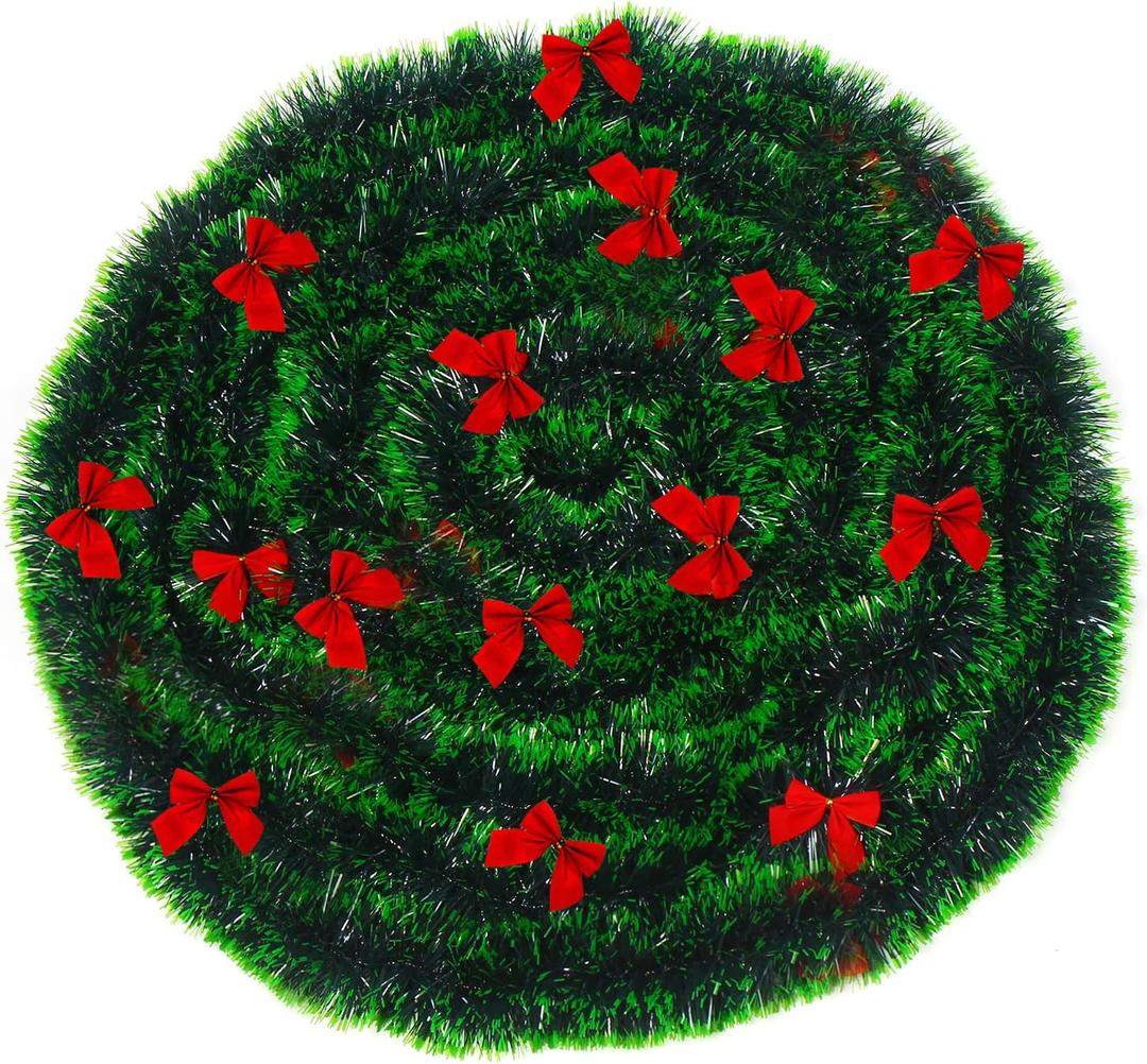 CCINEE 33FT Christmas Garland with 24Pcs Red Bows,Artificial Greenery Pine Garland Decor for Mantle Stair Fireplace Home Party Decoration