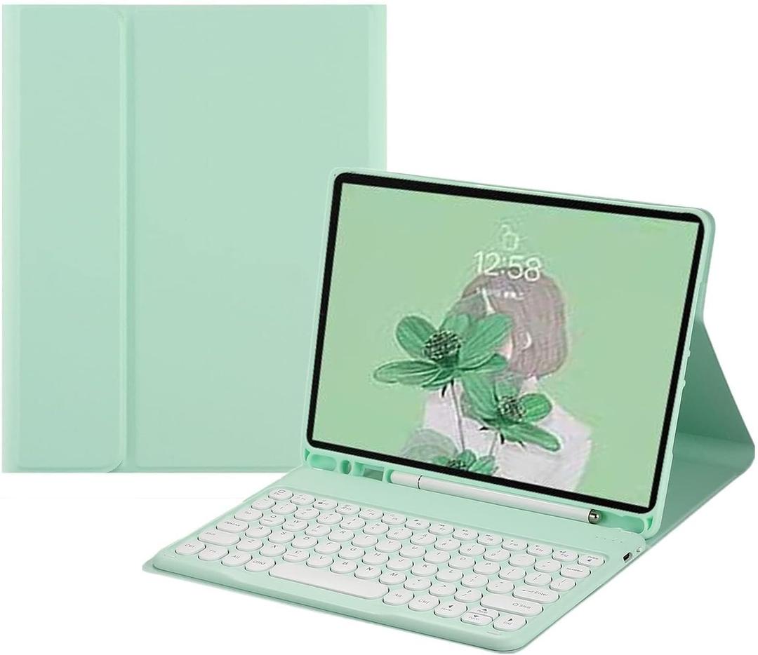 Galaxy Tab A11/A9 (8.7 Inch) Keyboard Case with S Pen Holder, Slim Round Key Cute Candy Magnetically Detachable Wireless Bluetooth Keyboard Cover, Mint Green