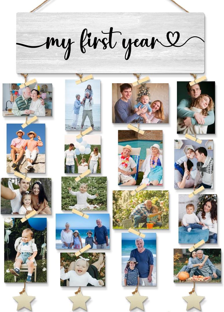 Baby Family Picture Frames Collage Wall Decor, Photo Wall Display, Hanging Photo Display with Clips, New Grandma Gifts, First Time Grandma Grandparents Gifts, My First Year Baby Frame, 16x5 inch