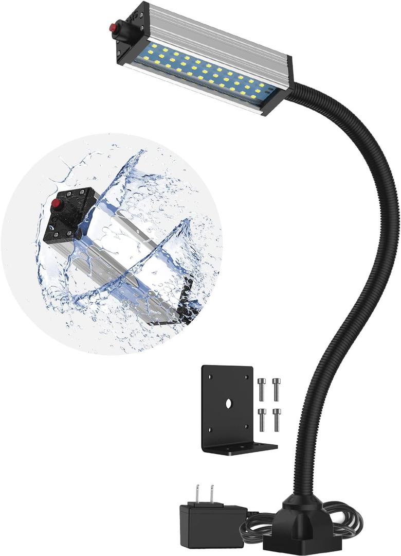 Flexible Work Light, Machine Light, Gooseneck Led Light IP66 Waterproof 800 Lumen 120 Volt 44Leds Screw Mounted Floodlights for Machine Tools Lathes and Workbenches (800 lumens + Four-Hole Fixed Base + Two-Pin Plug)