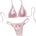 Floerns Women's Cute Satin Thong Bikini Sets Triangle Swimsuit Halter String Bathing Suit (Pink, L)