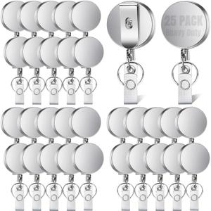 RHBLME 25 Pack Heavy Duty Metal Badge Reel with Clip & Key Ring, Retractable for Nurses, Teachers, Students, Workers