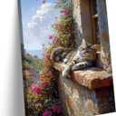Charming Cat Canvas Wall Art Cute Cat Basking in The Sun Lazily on the Balcony Wall Decor Picture Modern Landscape Animals Poster Print for Living Room Bedroom Artwork Home Decoration 12x16in