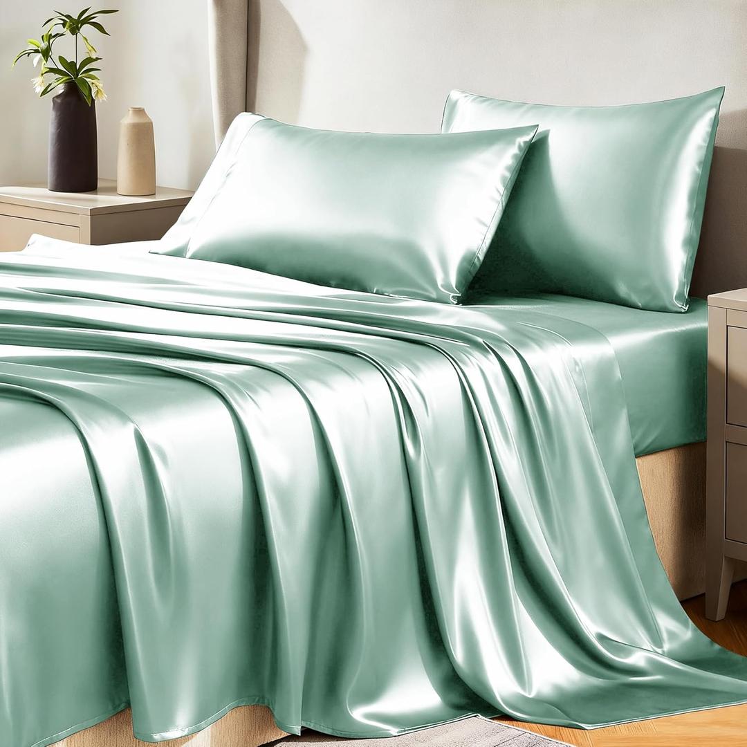 CozyLux Satin Sheets King Size Sheet Set - 4 Piece Silky King Sheets, Luxury Aqua King Bed Set with Smooth and Soft Microfiber, Includes 1 Fitted Sheet, 1 Flat Sheet and 2 Pillowcases