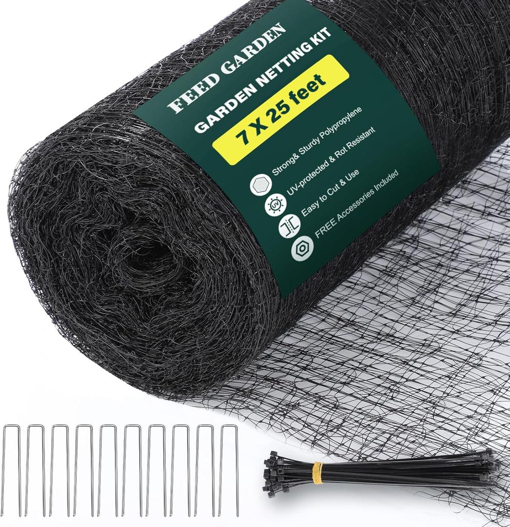 FEED GARDEN Deer Netting Garden Netting Bird Netting- 7x25ft UV-Protected Garden Fence for Plant with 3/4" Fine Mesh - Includes 10 Stakes & 50 Zip Ties for Easy Installation (Black)
