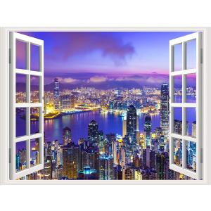 Self-Adhesive Wall Sticker Romantic Living Room Bedroom Study Office Decorative Wall Sticker Ocean Scenery Fake Window Sticker Mural (36"48", City Night)
