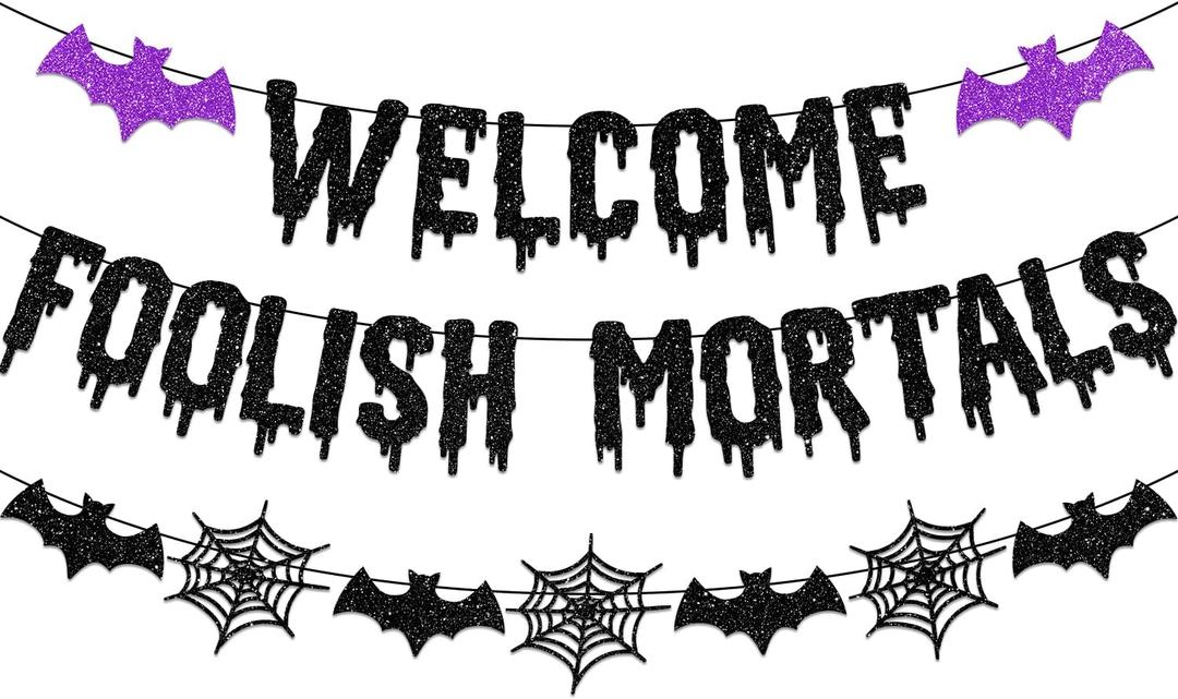 Welcome Foolish Mortals Halloween Banner Decorations Halloween Haunted Mansion Banner Wall Decorations with Bat and Spider for Halloween Party Decorations
