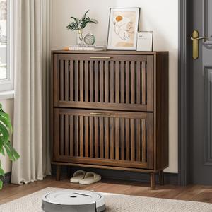 Shoe Cabinet, Shoe Storage Cabinet with Louvered 2 Flip Drawers, Narrow Shoe Cabinet Storage for Entryway, Freestanding Shoe Organizer Cabinet with Golden Handles, Slim Shoe Rack Cabinet (Walnut) (Width - 31.5 inches)
