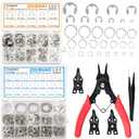 800Pcs C-clip External Retaining Rings Snap Rings Assortment Kit Circlip 304 Stainless Steel(M4-M28) + E-clip Assortment Set(1.5mm-10mm) + 5Pcs Snap Ring Plier + Tweezer