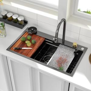 Logmey 33 In Drop in Waterfall Sink Gunmetal Black Nano PVD Multifunctional Workstation Sinks,16 Gauge Stainless Steel,Ideal for Home Cooking,Cleaning & Daily Kitchen Use,Double Step,5 Hole