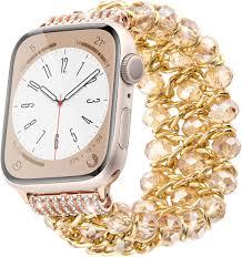 Glitter Beaded Bracelet Compatible for Apple Watch Women Clear 38mm 40mm 41mm 42mm 44mm 45mm 49mm Band,Fohuas Crystal Pearl Bangle for iWatch Ultra Series SE 9 8 7 6 5 4 3 2 1 Metal Pink Elastic Jewelry Strap for iphone watch Starlight Silver Black G