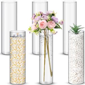 Nuogo 6 Pcs Plastic Clear Cylinder Vase for Home Acrylic Flower Clear Vase Centerpiece for Centerpieces Wedding Party Decorations Opening Round (12 Inch)