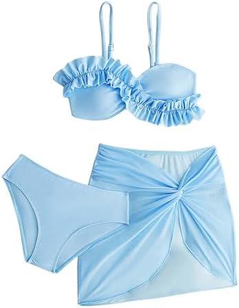 BEAUDRM Girl's 3 Piece Bikini Set Cute Ruffle Trim Swimsuits Bathing Suits with Twist Knot Beach Skirts 8 Y
