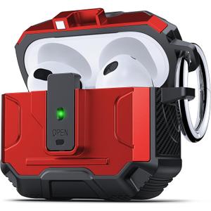 DASFOND Armor Cover AirPods 3 Generation Case, Military Grade Full Body Shockproof Protection Hard Case, Support Wireless Charging with Keychain, Magnetic Lid, Front LED Visible, Red