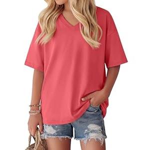 Oakgarden Girls' Shirts 5-14 Years Oversized Short Sleeve Summer T-Shirts V Neck Drop Shoulder Top Kids Casual Basic Cute Tee(Red,7-8 Years)