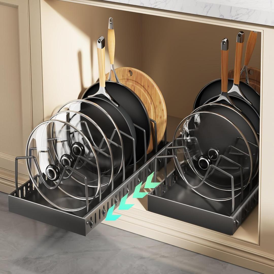 Pull Out Pots and Pans Organizer Under Cabinet, Sliding Lid Holder and Pan Rack in Kitchen, Slide Out inside Cabinet Storage for Pot Lid, Bakeware, Dishes, 8 Adjustable Dividers, 2 Pack Black (8 Dividers-2 Pack)