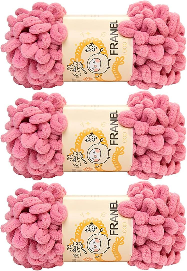 Franel Loop Yarn 100% Polyester Chenille Puffy Yarn, Craft Chunky Finger Knitting Loopy Yarn Soft and Light Material, Perfect for DIY Hand Woven Knitting Crafts Supplies (07 Red Bean Pink, 3-Pack)