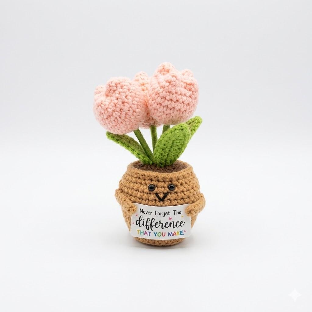 Mini Crocheted Tulip Potted Dolls, Emotional Support Gifts That Will Not Wither, Hand-Woven Flowers, Home Desk Decoration, Intimate Gifts for Mothers, Friends and Colleagues (Pink)