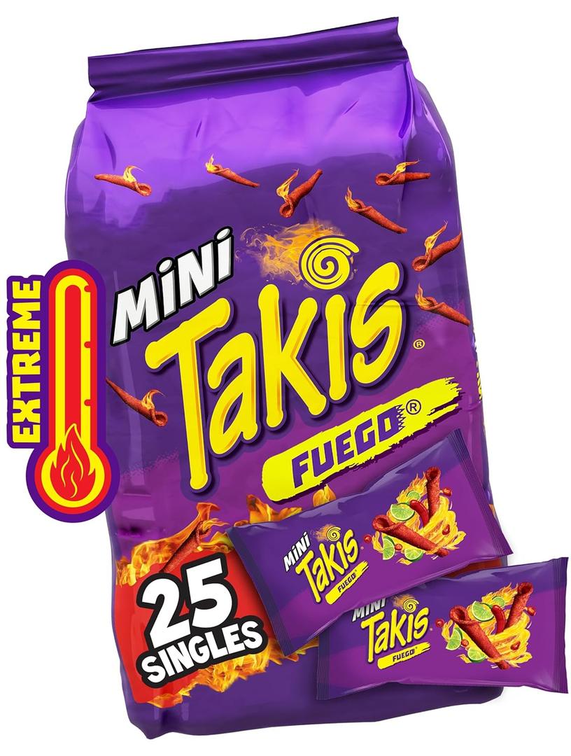 Takis Fuego Mini 25 pc / 1.23 oz Bite Size Multipack, Hot Chili Pepper & Lime Flavored Extreme Spicy Rolled Tortilla Chips (EXP 09/15/27)