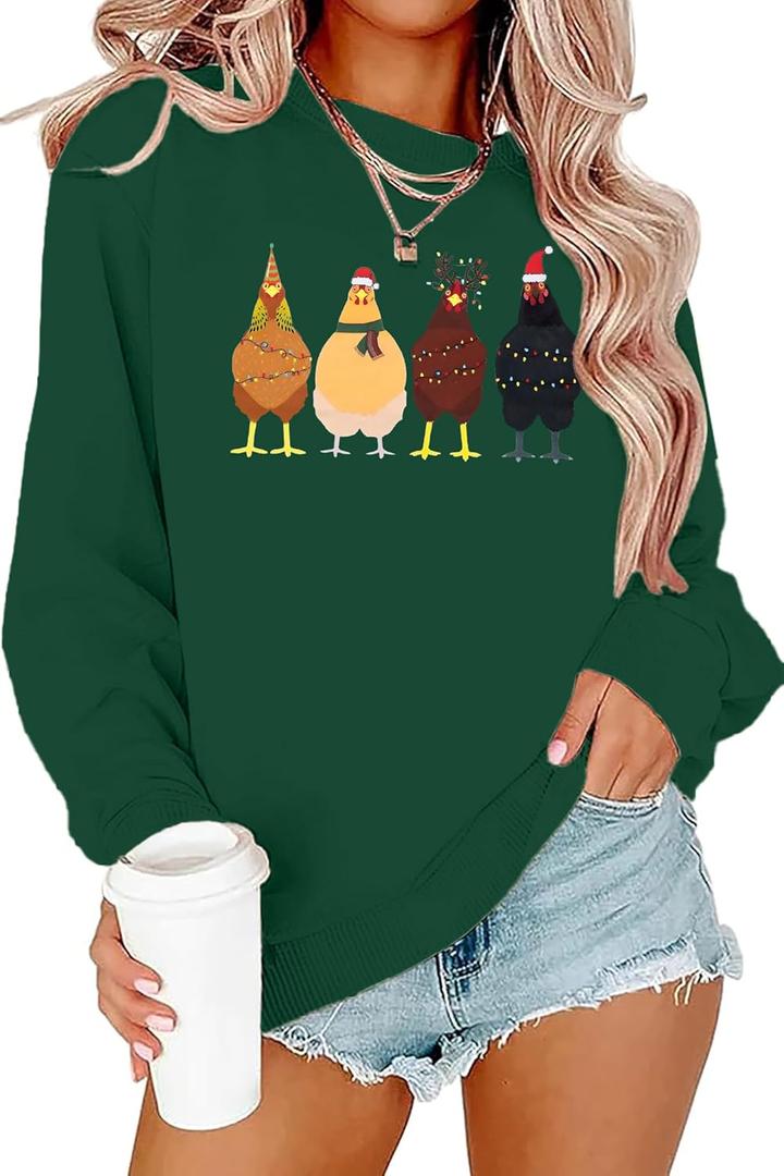LOTUCY Christmas Sweatshirt Women: Cute Chicken Xmas Shirt Funny Chicks Christmas Sweatshirts Hen Farm Animal Pullover Tops (Small, Green)