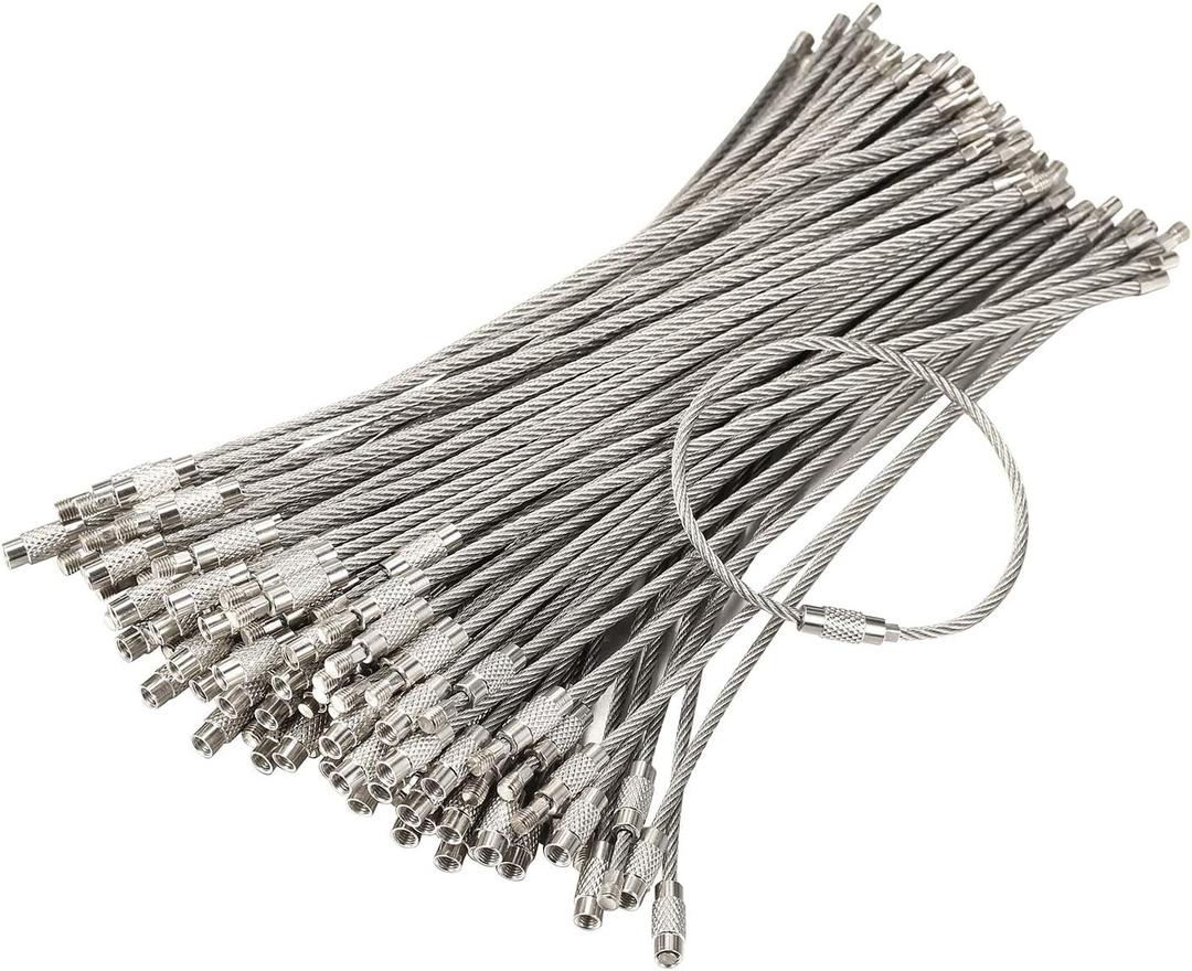 bayite Pack (100) Stainless Steel Wire Keychains Cable, Key Rings, Heavy Duty Luggage Tags Loops Tag Keepers 2mm Twist Barrel (Cable Length: 6 inches)