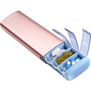 Vaydeer Metal Travel Pill Organizer, 7 Day Weekly Pill Box, Large Capacity Daily Cute Pill Case for Supplements, Pills, Vitamins and Medication (Small, Rose Gold)