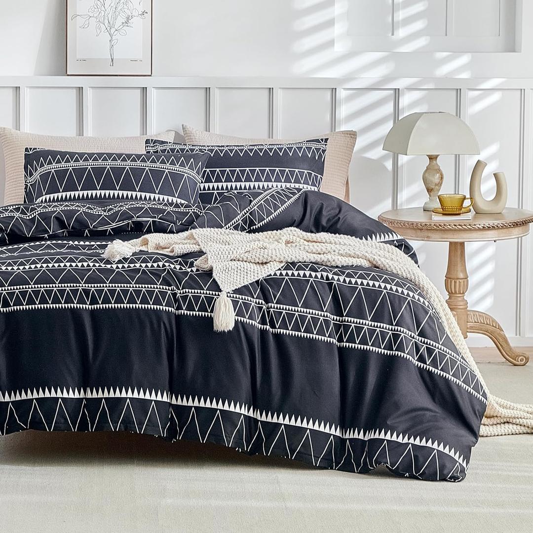 Lekesky Boho Duvet Cover Queen Size - Black Duvet Cover Set, Comforter Cover Queen for 3pc Ultra Soft Microfiber Breathable Bedding Sets with Zipper Ties (1 Duvet Cover 90''x90'' +2 Pillowcases) (Bblack (Nearly Deep Blue))