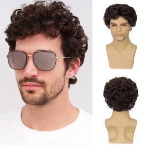 Mens Wig Short Curly Brown Wig Synthetic Costume Replacement Wig for Males