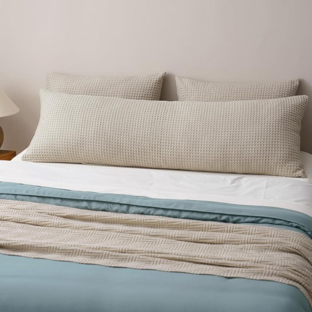 PHF Ultra Soft Waffle Weave Body Pillowcase with Zipper, No Insert, 1Pack 20" x 54" Pillow Sham, Breathable & Skin-Friendly Body Pillow case, Stylish Decorative Bed Pillow Cover, Light Khaki/Linen