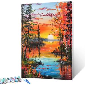 Tropical Forest Oil Painting Lanscape Paint by Number Kits 16 x 20 inch Canvas River at Sunset DIY Oil Paintwork for Adults Beginner with Brushes and Acrylic Animal Art Home Office Decor(Frameless)
