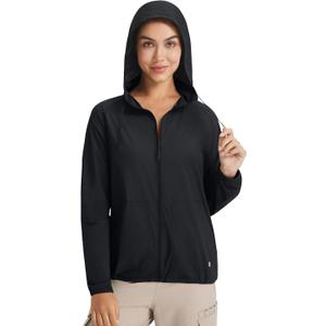 baleaf Women's Sun Jackets No Insert Lightweight Hiking Hoodie UPF 50+ Workout Mosquito Clothes Long Sleeve UV with 2 Pockets, Medium, Black