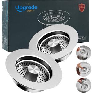 Kitchen Sink Drain Strainer,Stainless Steel 3-in-1 Pop-up Sink Stopper with Sealing Ring, Anti-Clog & Odor-Proof Drain Filter, Fits 3-1/2 Inch Sink Drain Holes, Easy Installation-2pc