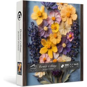 Vintage Wildflower Puzzles for Adults 1000 Pieces, PICKFORU Colorful Flower Bouquet Jigsaw Puzzles Dried Flowers, Unique Impossible Nature Floral Theme for Plant Lover