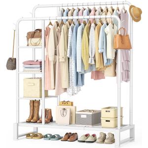 Double Rods Clothes Rack Clothing Rack with 4 Tier Storage Shelves Clothes Rack for Hanging Clothes Multifunctional Heavy Duty Clothes Organizer with Hooks for Bedroom,Wardrobe Closet,Shop,White