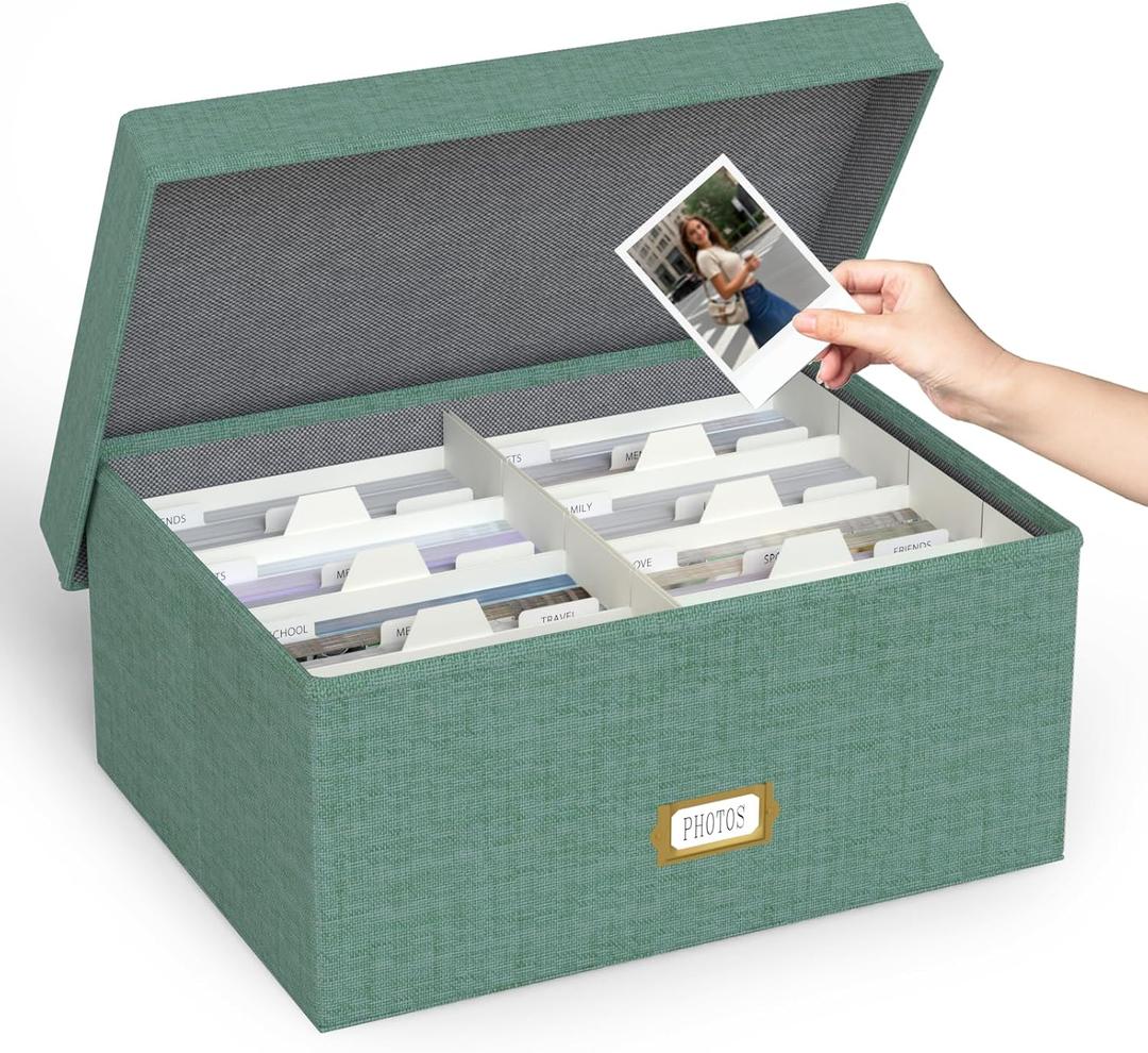Decorative Photo Storage Box - Linen Photo Box Organizer with Dividers, Fits Holds Up to 1700 Pictures and 5x7 Photos, Memory Keepsake Organizer for Photos, Scrapbook Supplies, Cards, Stamps (Green)