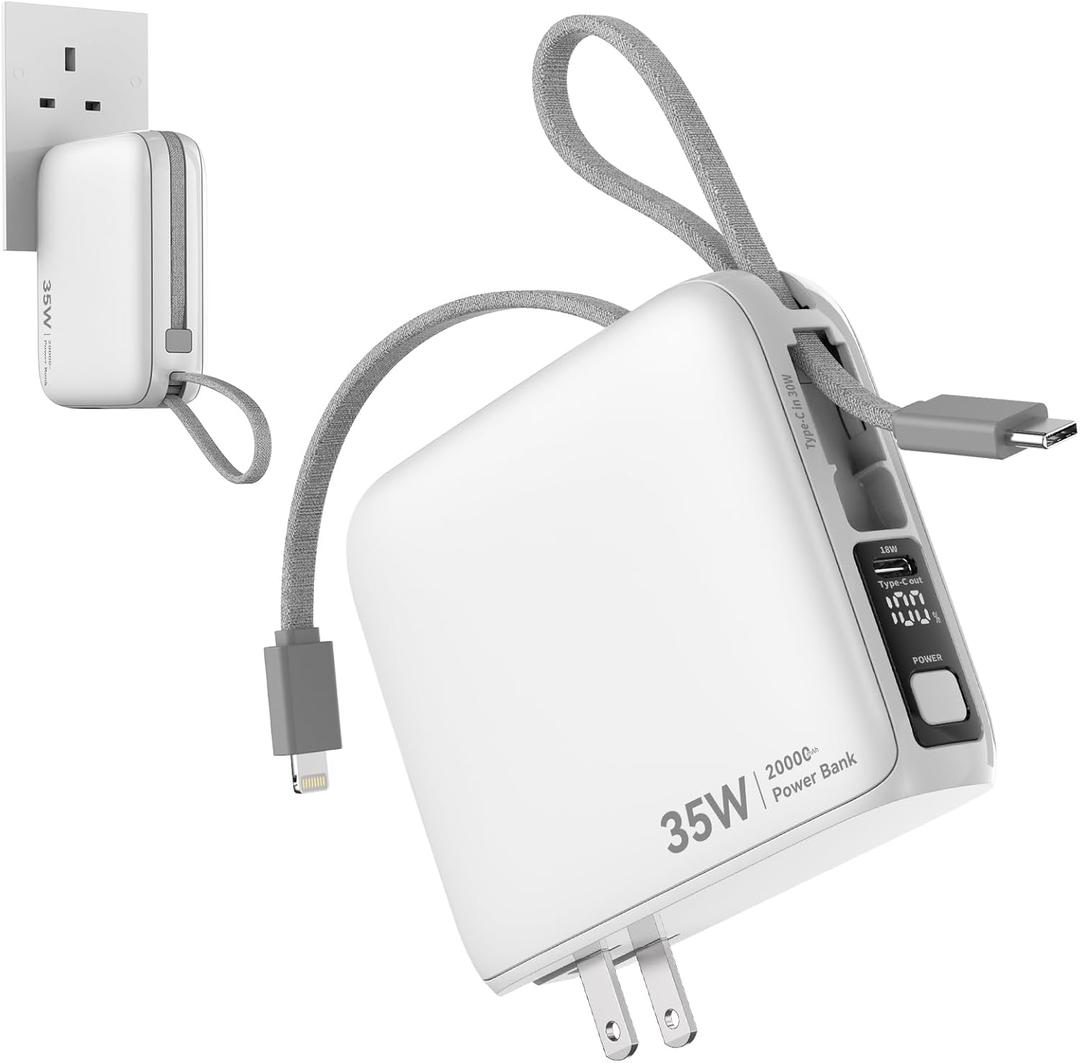 35W, 20000mAh Portable Charger with Wall Plug Phone Charger Battery Pack Portable Cell Phone Power Bank with Built in Cable CCC Certified Power Bank USB C & Lightning Cable, White