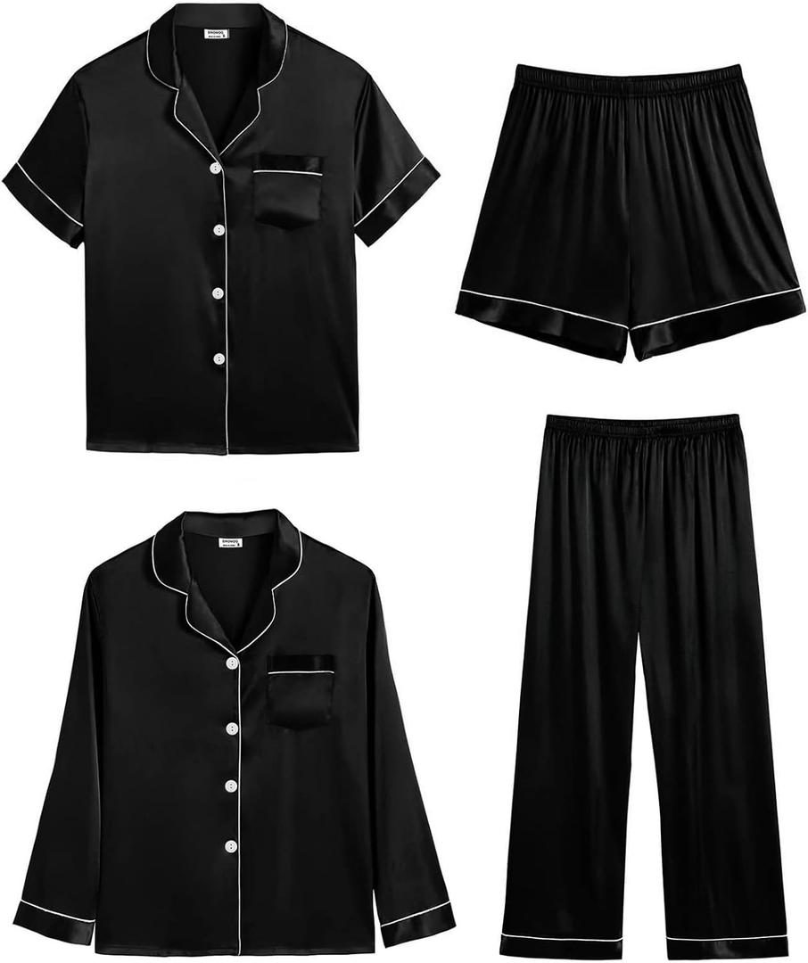 SWOMOG Women 4Pcs Silk Pajamas Set Button Down Sleepwear Loungewear Pj Sets for Ladies Nightwear (Medium, Black)