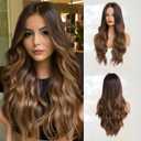 Long Ombre Brown Wavy Wig for Women 26 Inch Middle Part Curly Women's Charming Synthetic Wig with Natural Wavy Brown Heat Resistant Hair for Wedding Daily Party Use