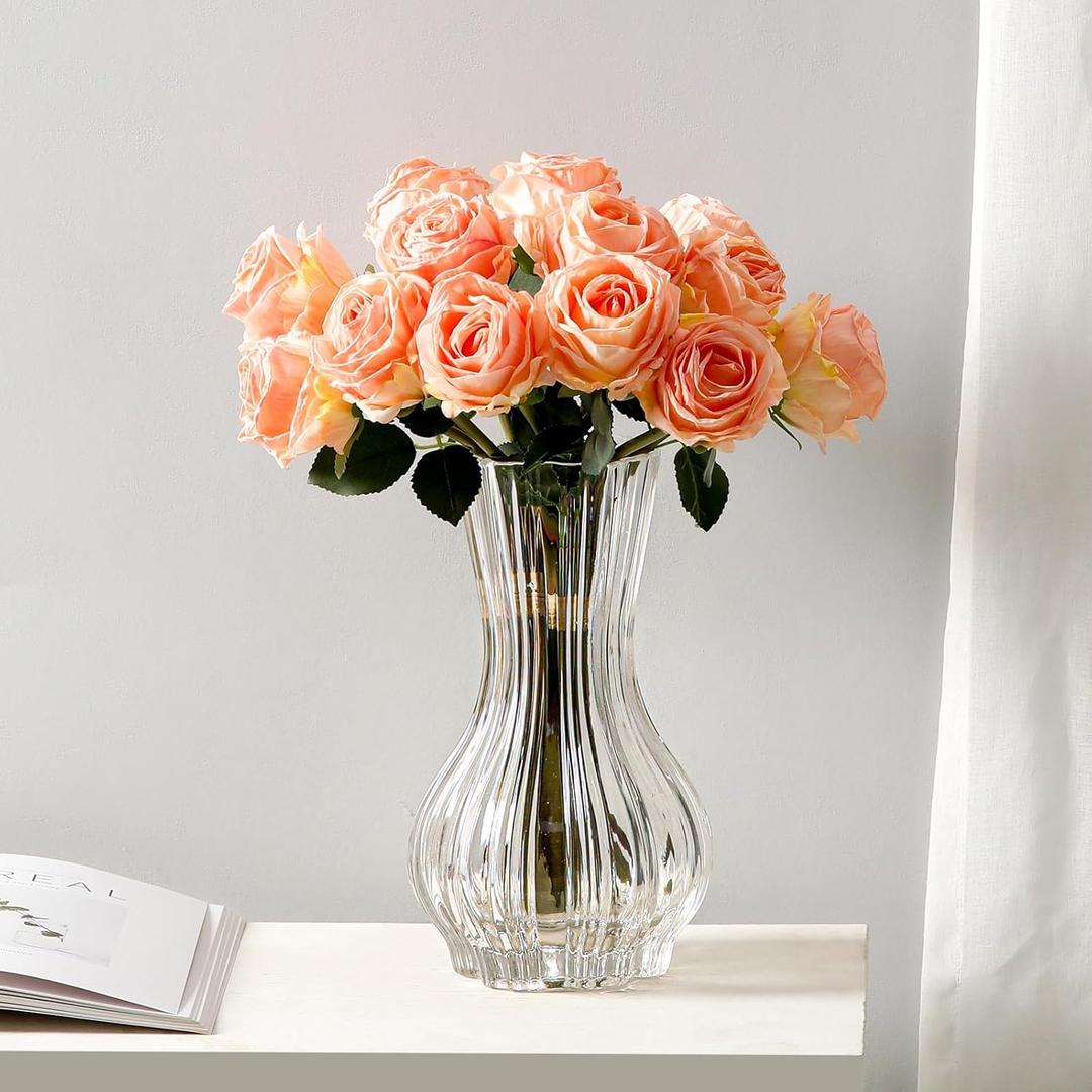 10" Decorative Modern Flower Vase for Floral Arrangements, Large Elegant Clear Glass Vase for Bouquet(Transparent) (Clear, 01)